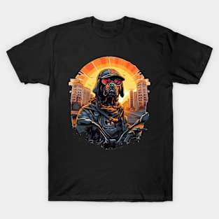 A dynamic patriotic t-shirt design with a Rottweiler Dog on a sports bike T-Shirt